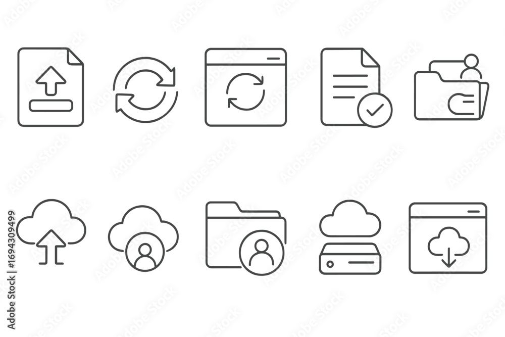 Poster data management line icon set. file, cloud storage linear icons for tech solutions.