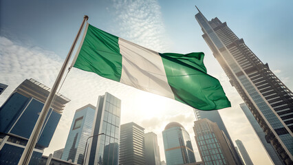 Nigerian flag waving proudly against a backdrop of modern skyscrapers and a bright sky