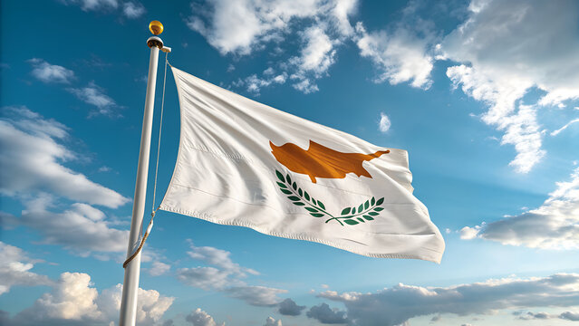The national flag of cyprus waving proudly against a vibrant blue sky with wispy clouds