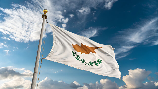 The national flag of cyprus waving proudly against a beautiful blue sky with clouds