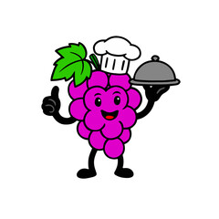 Cute Cartoon Grape Chef with Tray. Funny grape character with chef hat holding a food tray, perfect for fruit, healthy food, and dessert designs.