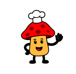 Cute Mushroom Cartoon Chef.: Cartoon mushroom character with chef hat smiling and waving, great for food and cooking designs.