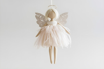 Hanging Christmas Angel Doll with White Dress and Sparkling Wings