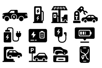 Electric vehicle silhouette icon set. charging, green energy icons in silhouette style