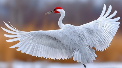 Fototapeta premium Elegant White Crane with Outstretched Wings in Natural Habitat