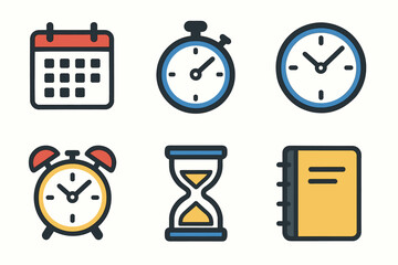 Calendar timers and clock icons - stopwatch, hourglass, alarm, notebook