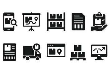 Delivery and logistics solid icon set for shipping and storage visuals
