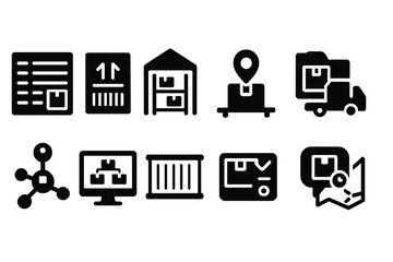 Logistics, warehouse solid icon set. inventory management and shipping solutions