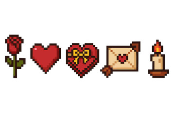 Pixel art romance: rose, heart, gift, love letter, candle