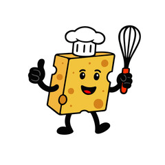 Cute Cheese Cartoon Chef with Whisk. Funny cartoon cheese character wearing a chef hat holding a whisk, perfect for cooking and food illustrations.