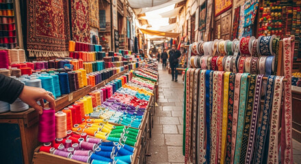 Vibrant Threads and Ribbons in a bustling Middle Eastern Bazaar: A symphony of color and texture in a narrow alleyway, showcasing traditional crafts.