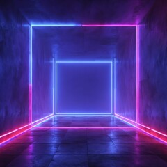 Fototapeta premium Abstract Futuristic Neon Light Tunnel With Geometric Shapes And Reflections On The Floor