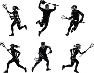 Lacrosse player silhouettes, sports action, athletic movement, stick handling, black vector, team sport, dynamic pose, helmet gear, field game, defense stance