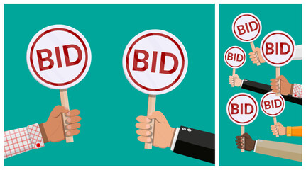 Hands holding bid paddles. Concept of auction, bidding process, sale. Flat vector illustration for business and finance.