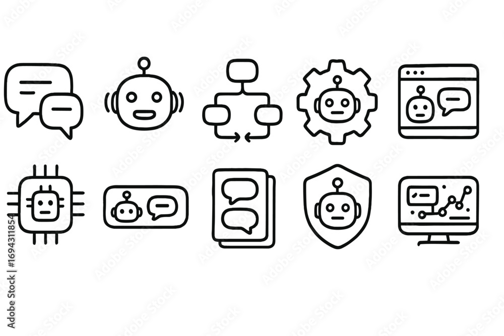 Poster chatbot and ai line icon set. messaging and automation outline icons collection
