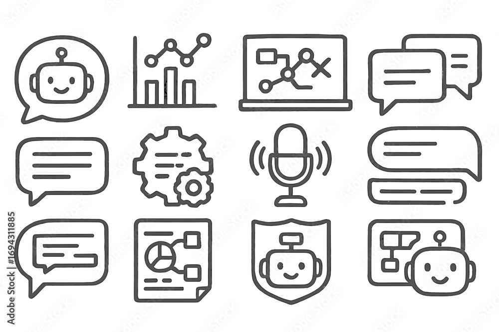 Poster chatbot and analytics outline icon set featuring graphs and digital symbols