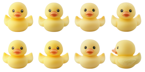 Eight Yellow Rubber Ducks in Various Poses Keywords: duck, rubber duck, bath toy isolated on a transparent background