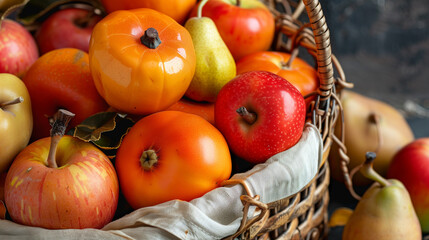 Chuseok harvest concept: Close-up of a basket of fresh persimmons, apples and pears.