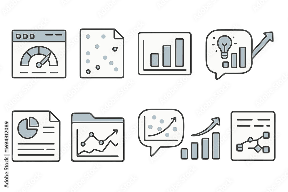 Poster data analysis flat icon set. analytics, charts, and graphs flat-style icons collection
