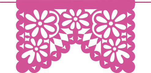 Traditional mexican papel picado banner with floral designs in pink