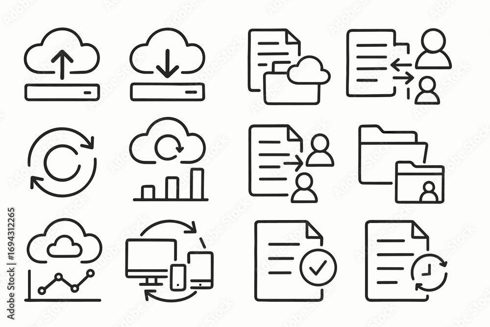 Poster cloud computing icon set. data storage, transfer icons in outline style collection