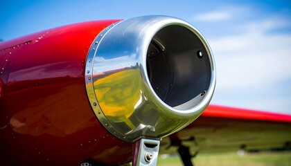 Close-up view of the engine cowling of a vibrant red vintage airplane