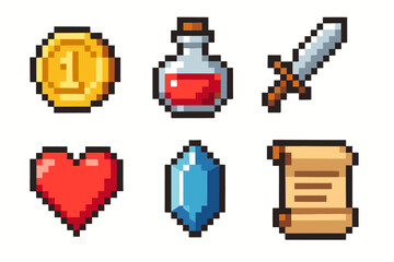 Pixel art icons: coin, potion, sword, heart, crystal, scroll for retro video games