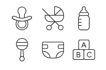 Outline icons of pacifier, stroller, bottle, rattle, diaper, and abc blocks