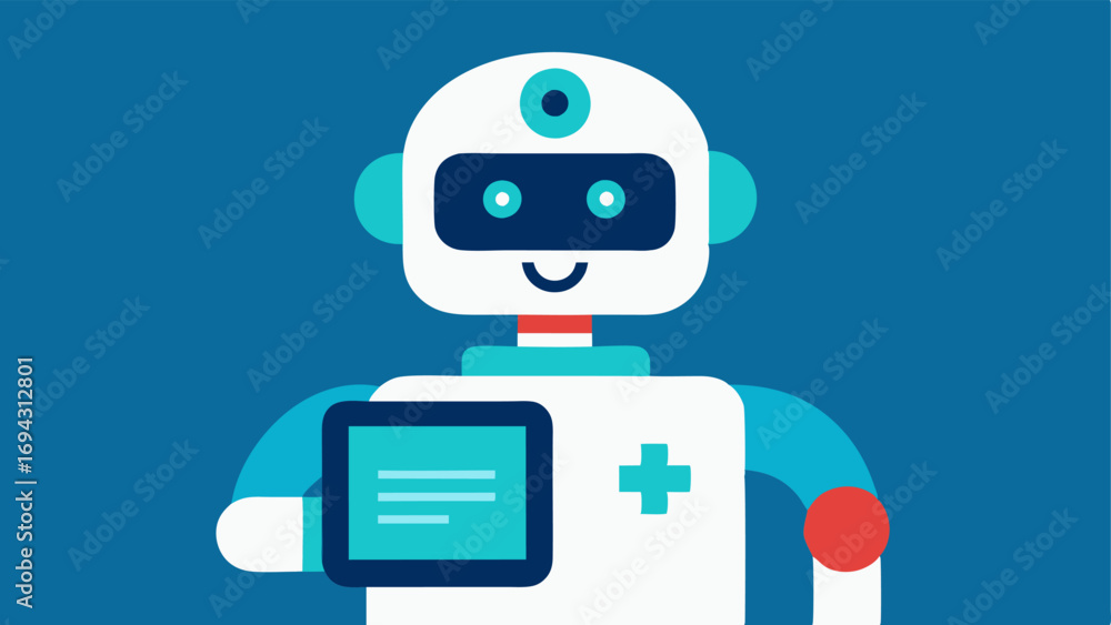 Poster diagnostic bot a friendly robot assisting a doctor with data interpretation holding a tablet display