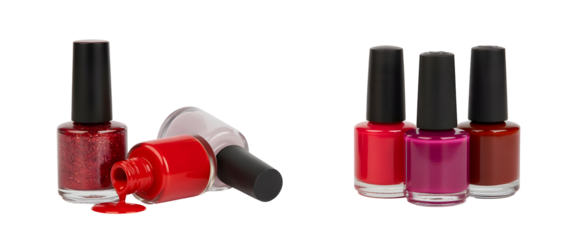 Collection of red and pink nail polish bottles, some spilled, isolated on transparent background