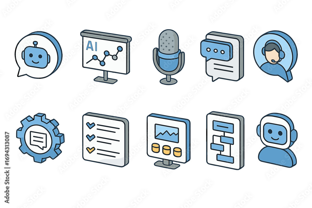 Poster chatbot and ai icon set: 3d collection for communication and technology