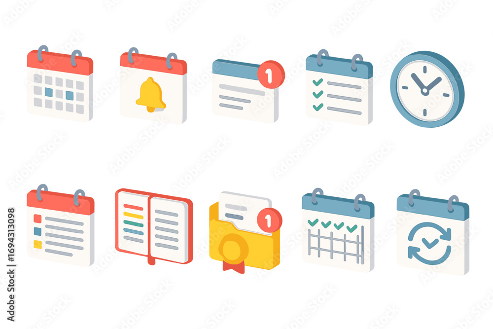 Poster notification and calendar 3d icon set for reminders and scheduling apps