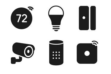 Smart home devices: thermostat, light bulb, door sensor, security camera, voice assistant, smoke detector icons
