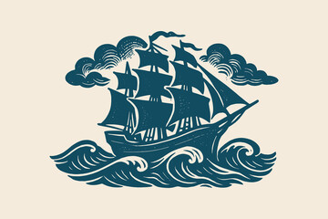 Sailing ship stormy sea engraving style vintage illustration vector
