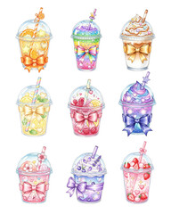 Kawaii Watercolor Drinks Set Sweet Boba and Fruity Beverages