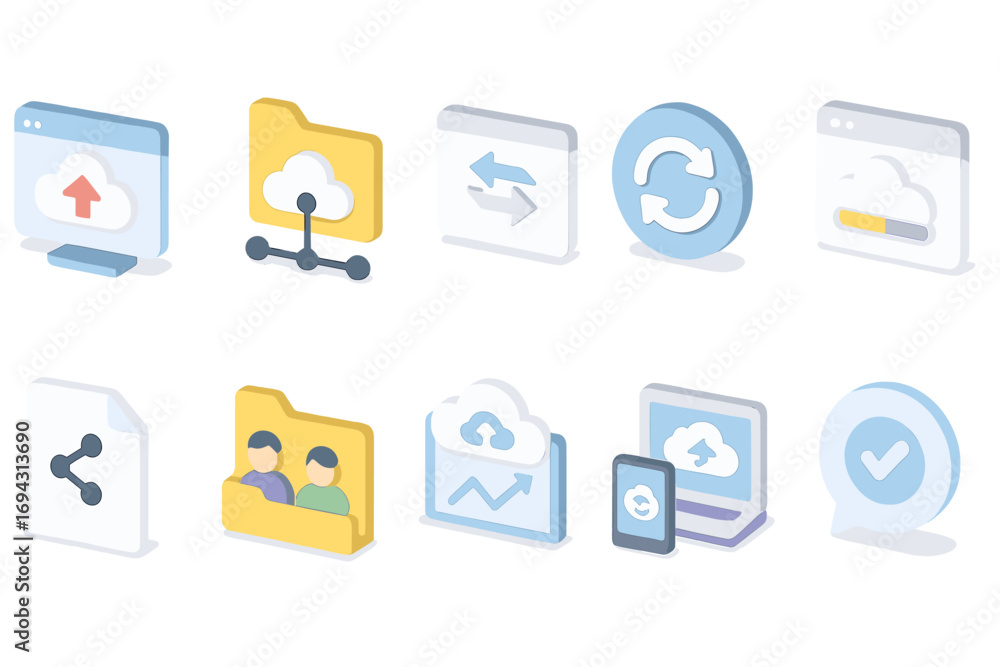 Poster cloud computing 3d icon set. data storage, sync, online sharing collection