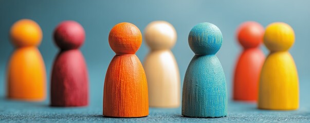 colorful wooden figurines standing on a podium, with a leader among them, against a blue background. this represents the concept of human resources and teamwork.