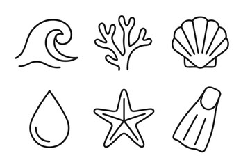 Minimalist icon set featuring waves, coral, shell, water droplet, starfish, and flipper