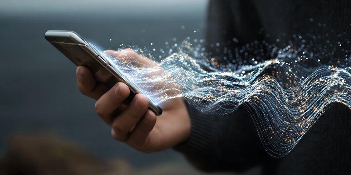 A person holding a smartphone with a data stream overlay.