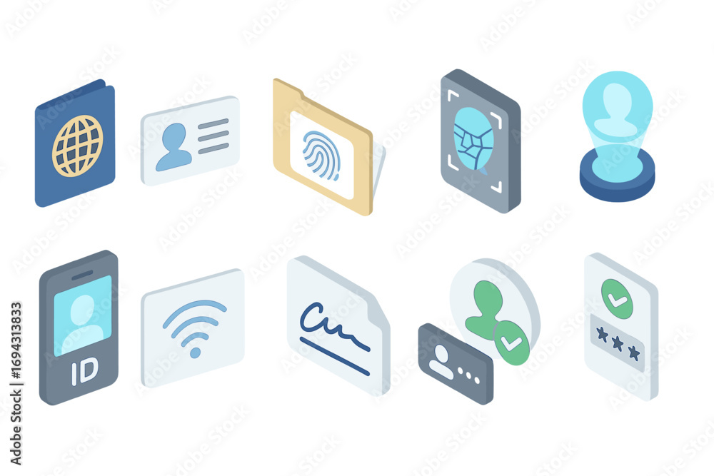 Poster identity and security 3d icon set. biometric, authentication, verification graphics
