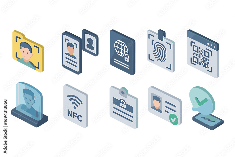 Poster security and identification icon set. digital silhouette icons for secure access