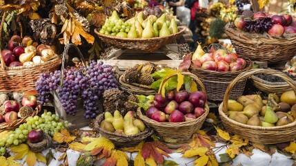 Harvest festival orchard with baskets of apples, pears, and grapes surrounded by autumn leaves. Seasonal rural abundance and traditional celebration concept.