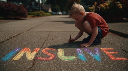 Child Playing With Chalk and Drawing Colorful Letters on Sidewalk in Neighborhood Park During Sunny Day