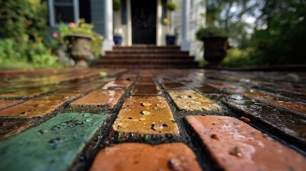close-up of a clean and wet paver brick floor in the front yard with a house entrance.