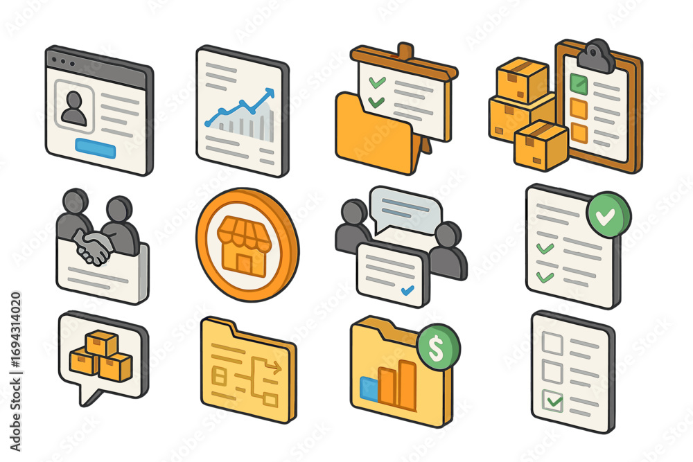 Aufkleber business and analytics icon set. essential 3d icons for data and management needs.