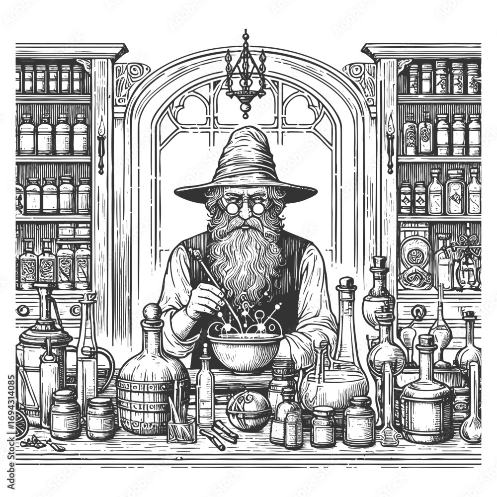 Poster old alchemist working in a laboratory surrounded by flasks, scales, and mysterious equipment sketch 