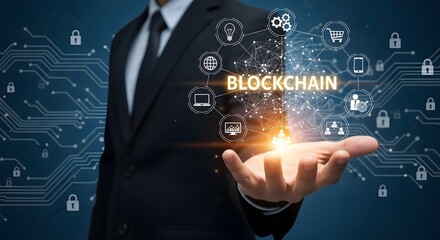 A businessman in a suit presents a digital blockchain network with glowing nodes and connected icons above his open hand.