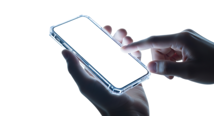 Hand holding phone isolated on transparent background