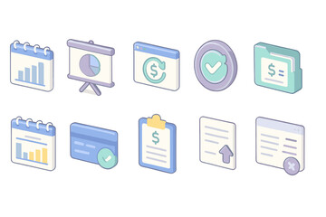 Business management icon set: linear style graphs, analytics, and finance symbols
