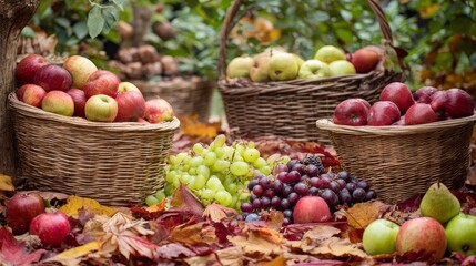 Harvest festival orchard with baskets of apples, pears, and grapes surrounded by autumn leaves. Seasonal rural abundance and traditional celebration concept.